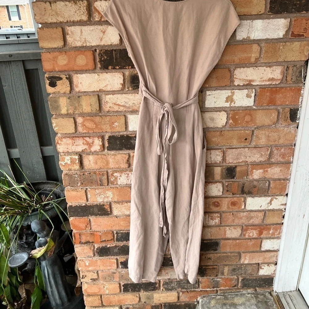 Aritzia Wilfred Linen Blend Beige Cut Open Front Wrap V Neck Jumpsuit